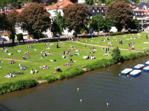 川岸の緑地で日光浴する人々